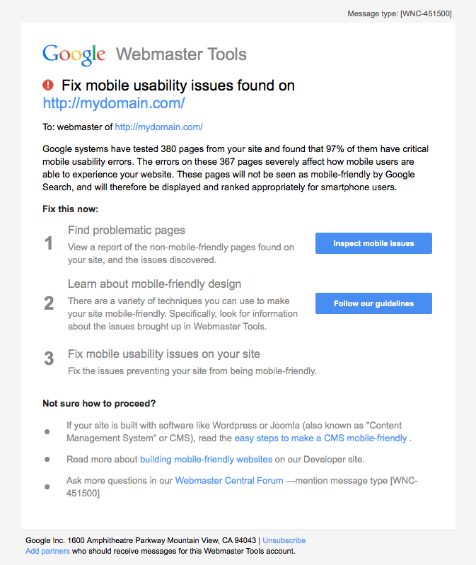 Mobile usability email from Google