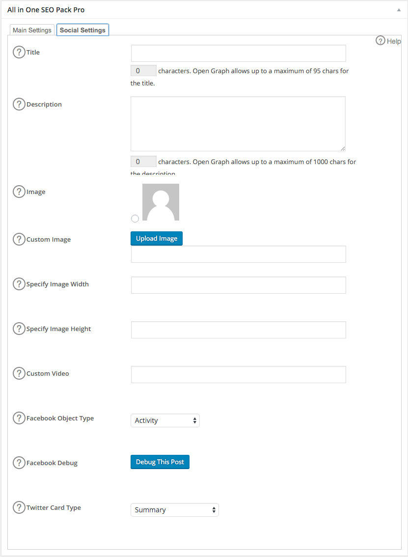 Screenshot of All in One SEO Pack Pro Social Meta Settings Panel for Page or Post