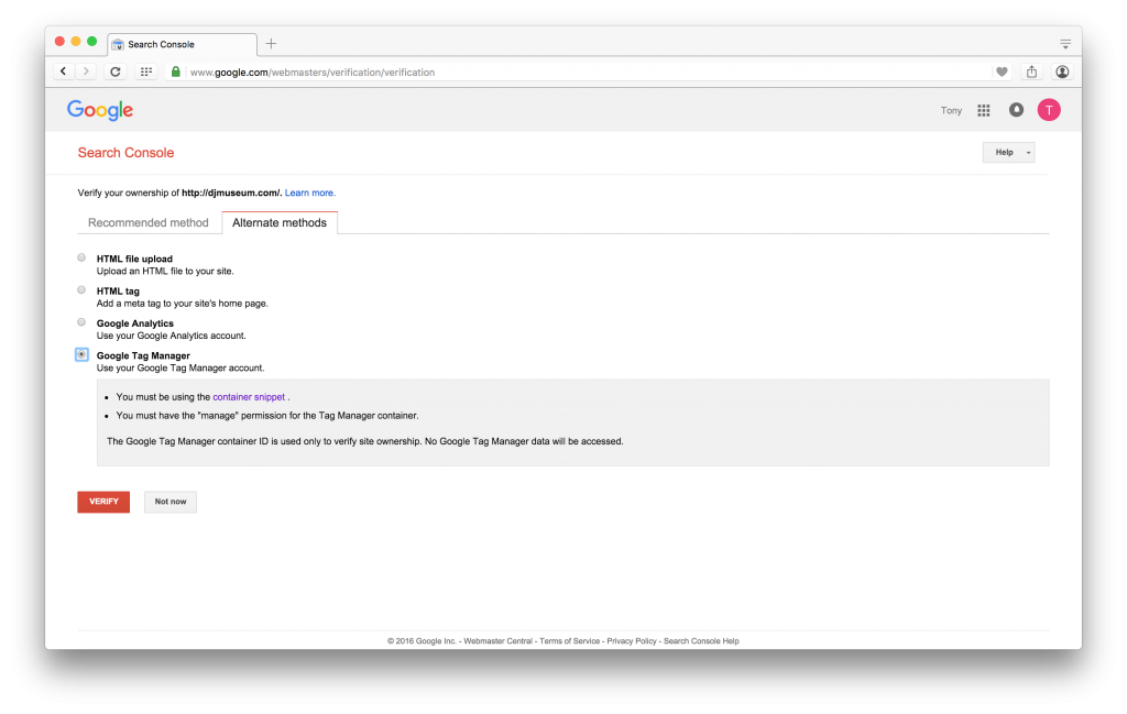 Screenshot of Google Search Console Google Tag Manager Verify Screen