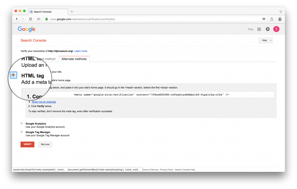 Google Search Console verification HTML Tag Option