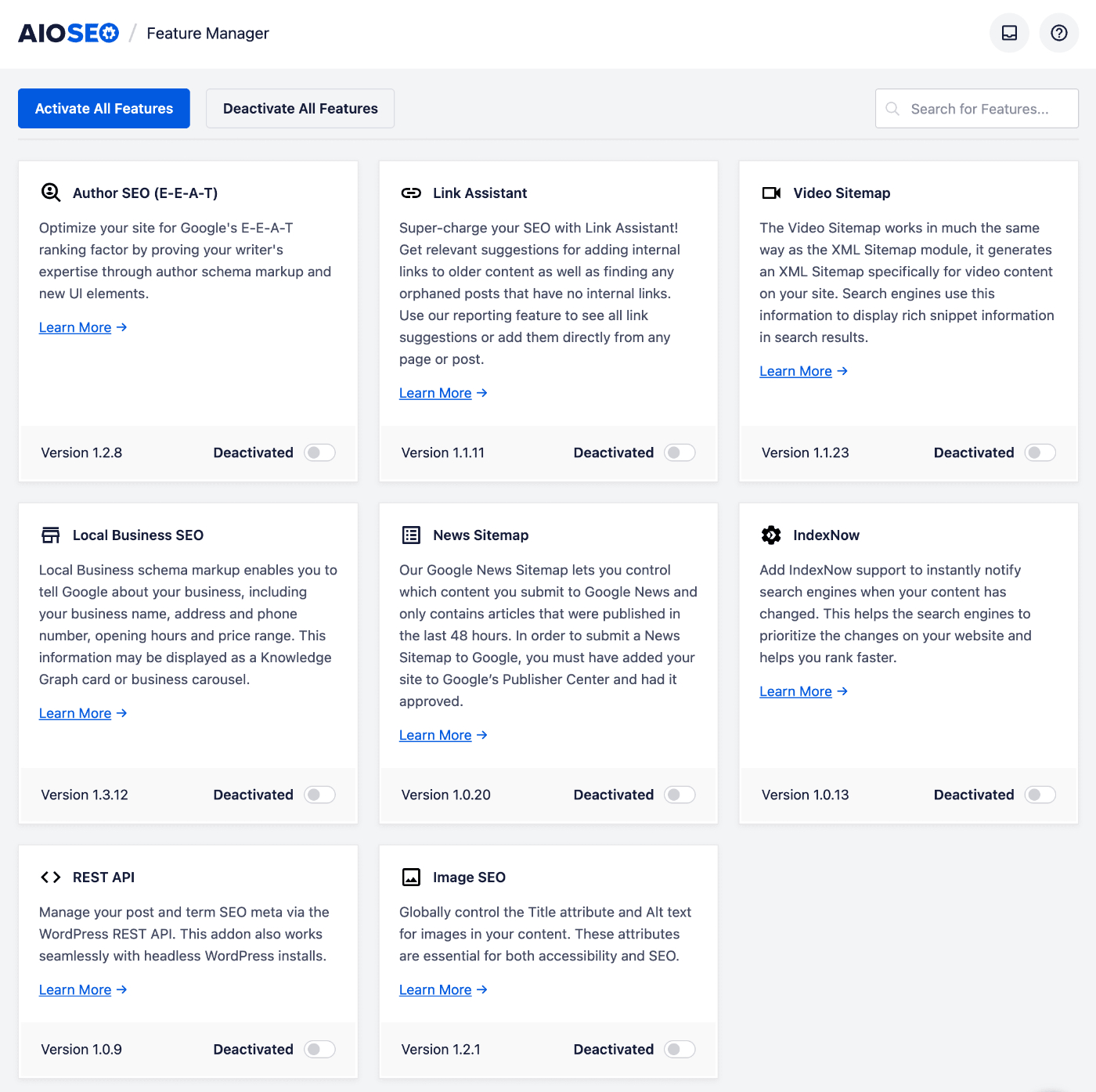 Feature Manager in All in One SEO