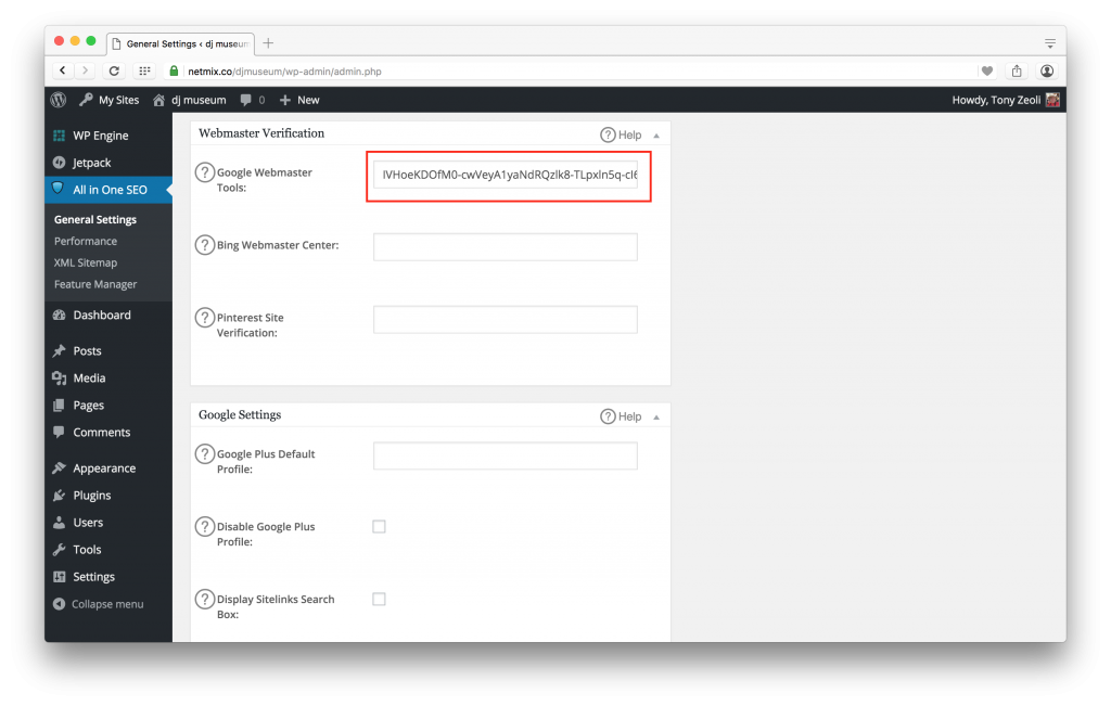 Google Webmaster Tools Webmaster Verification in All in One SEO Pack