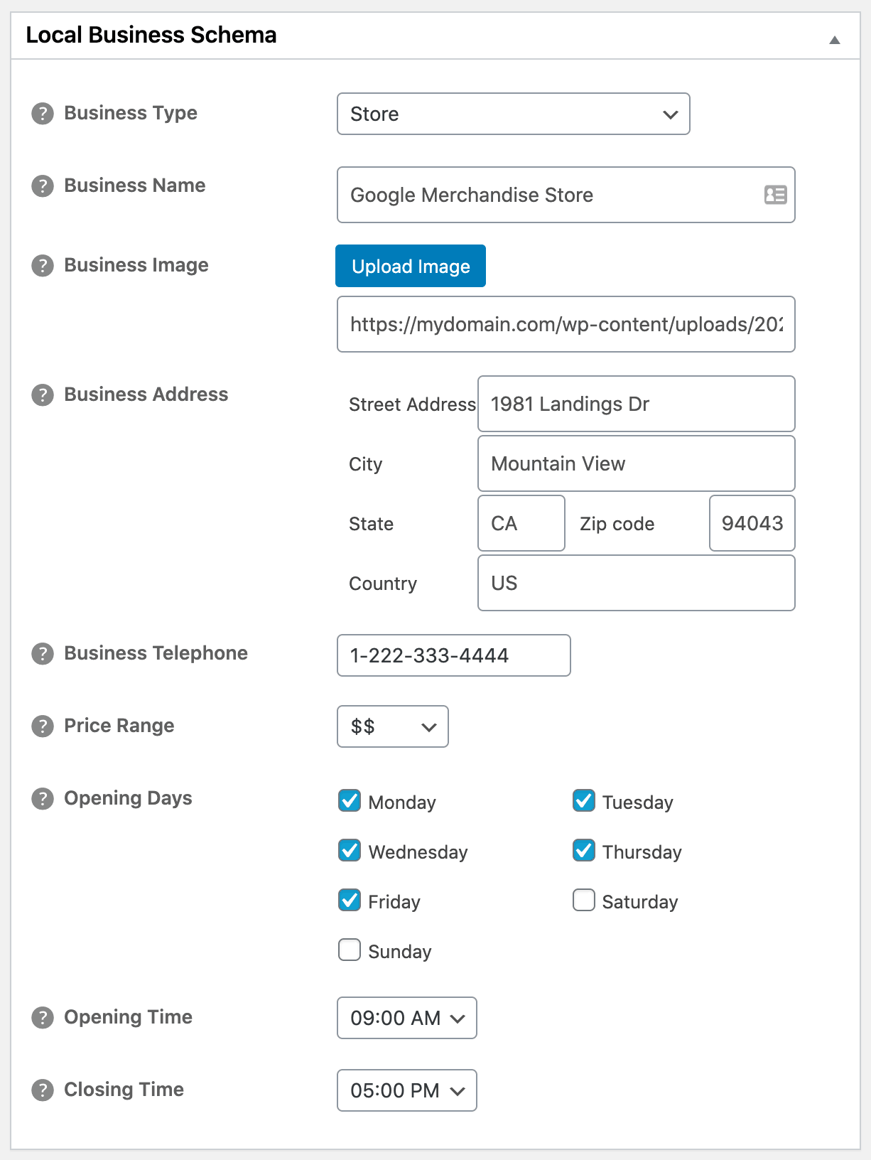 A snapshot showing the local business schema settings