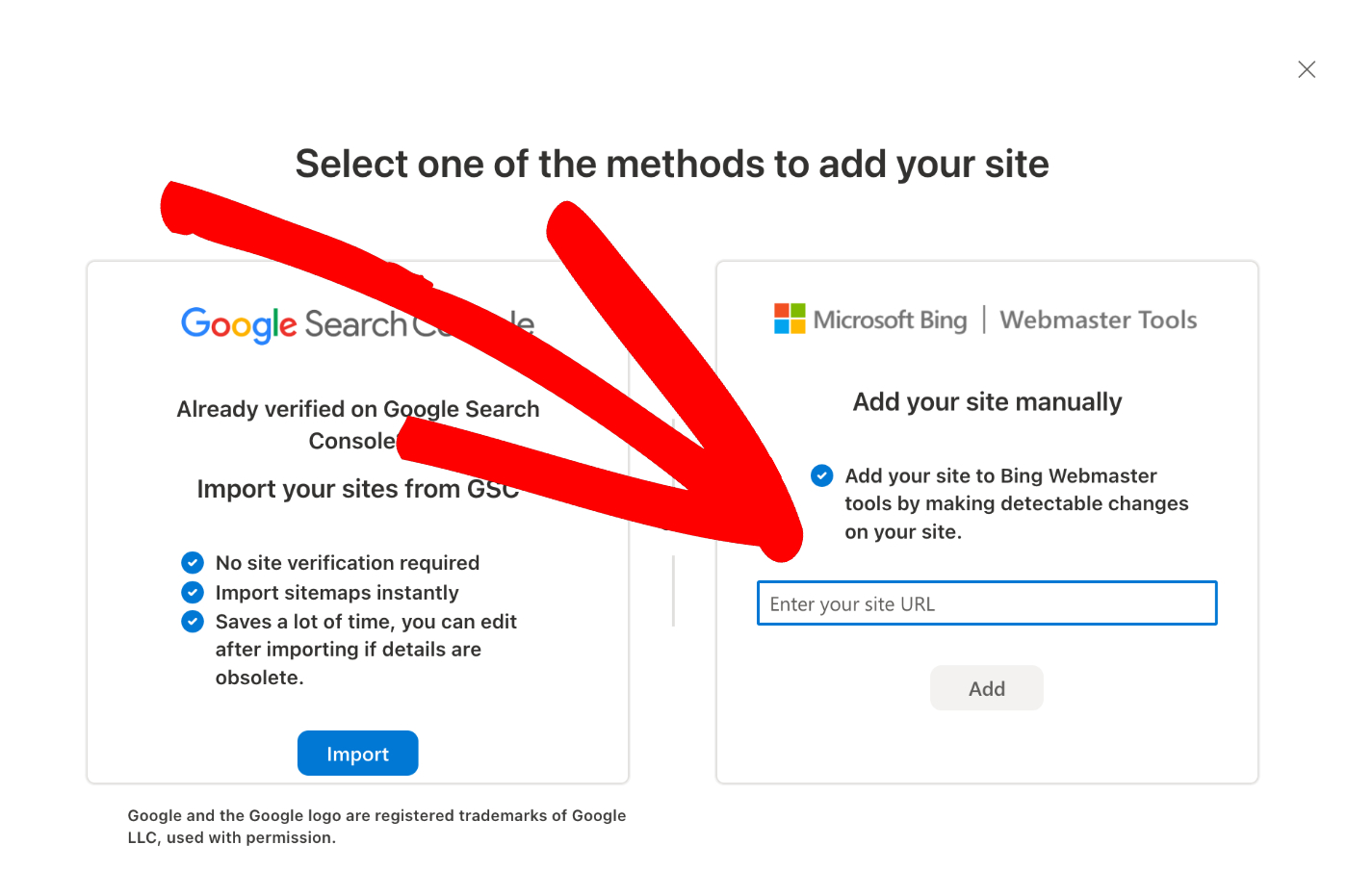 [手動でサイトを追加] フィールドにサイトの URL を入力します