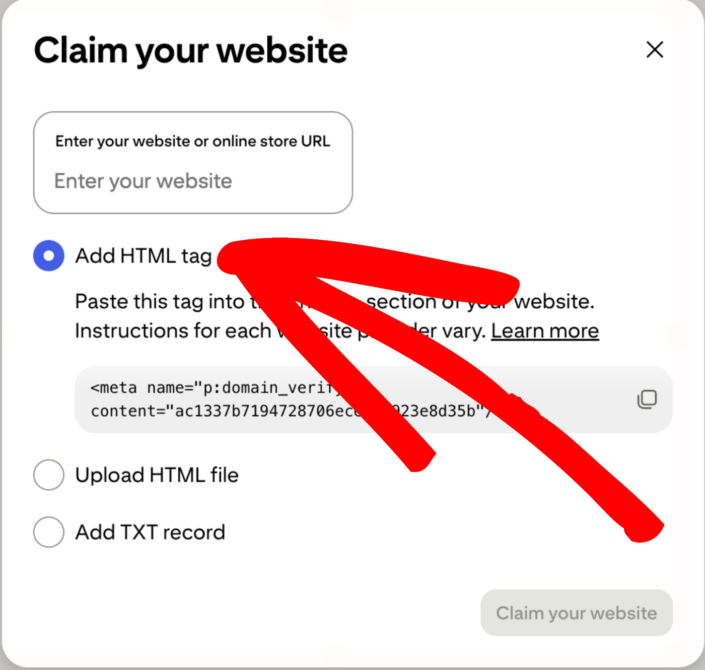 Popup Reivindicar seu site no Pinterest