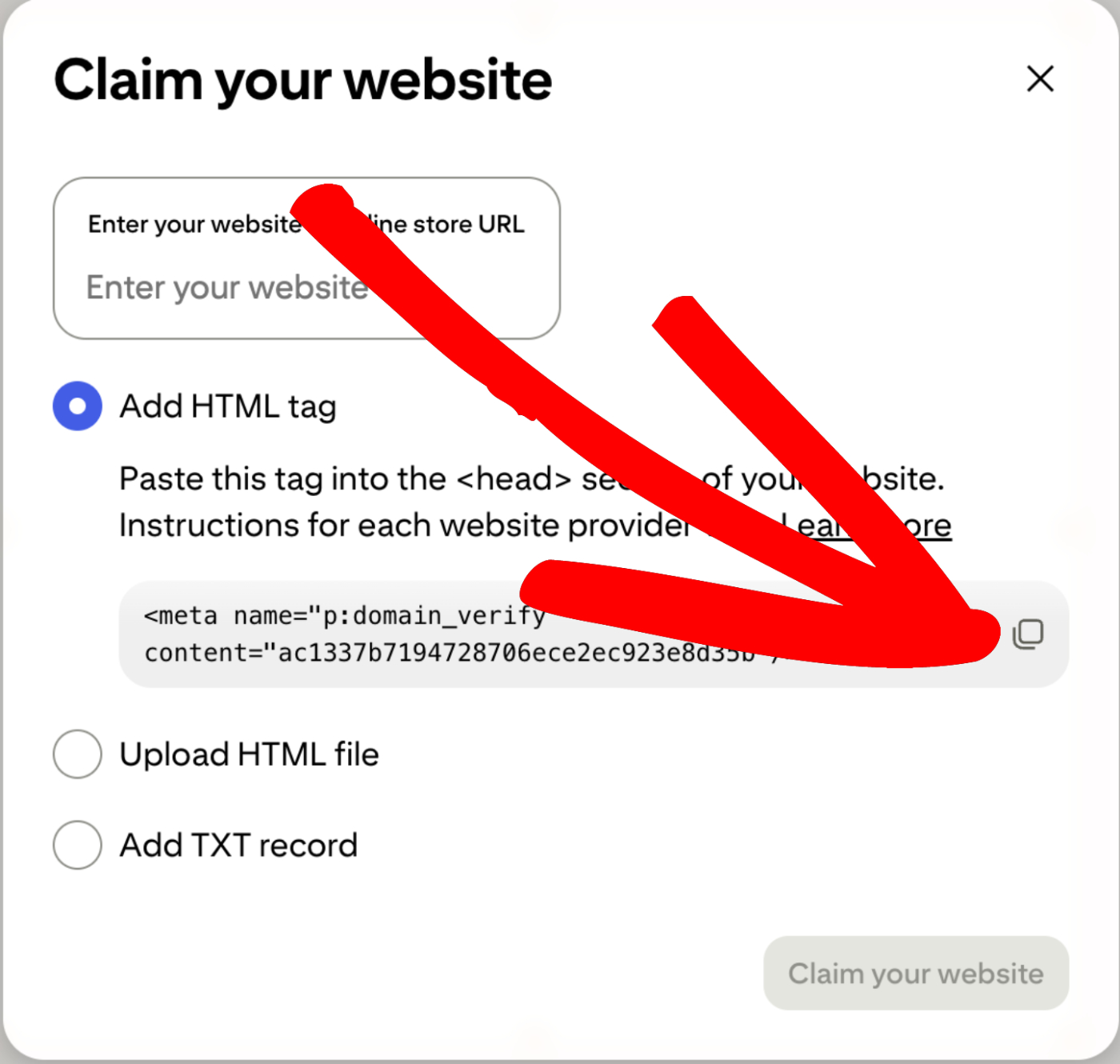 Botão Copiar exibido no popup Reivindicar seu site no Pinterest