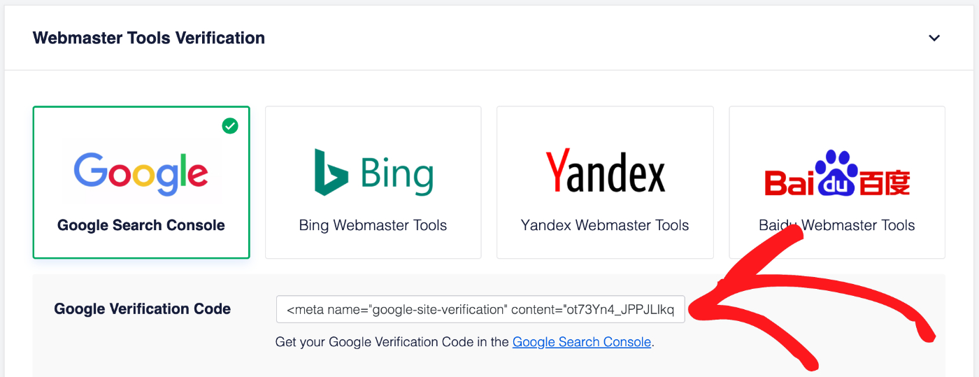 Paste your verification code in the Google Verification Code field in All in One SEO