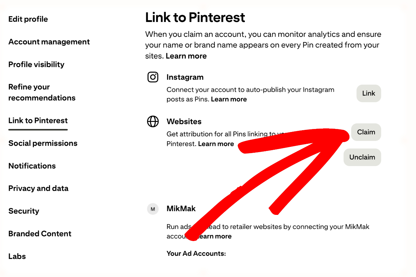 Botão Reivindicar exibido na tela Vincular ao Pinterest