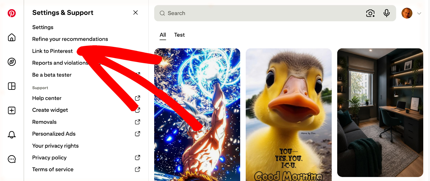Menu Configurações e Suporte do Pinterest mostrando o item de menu Vincular ao Pinterest