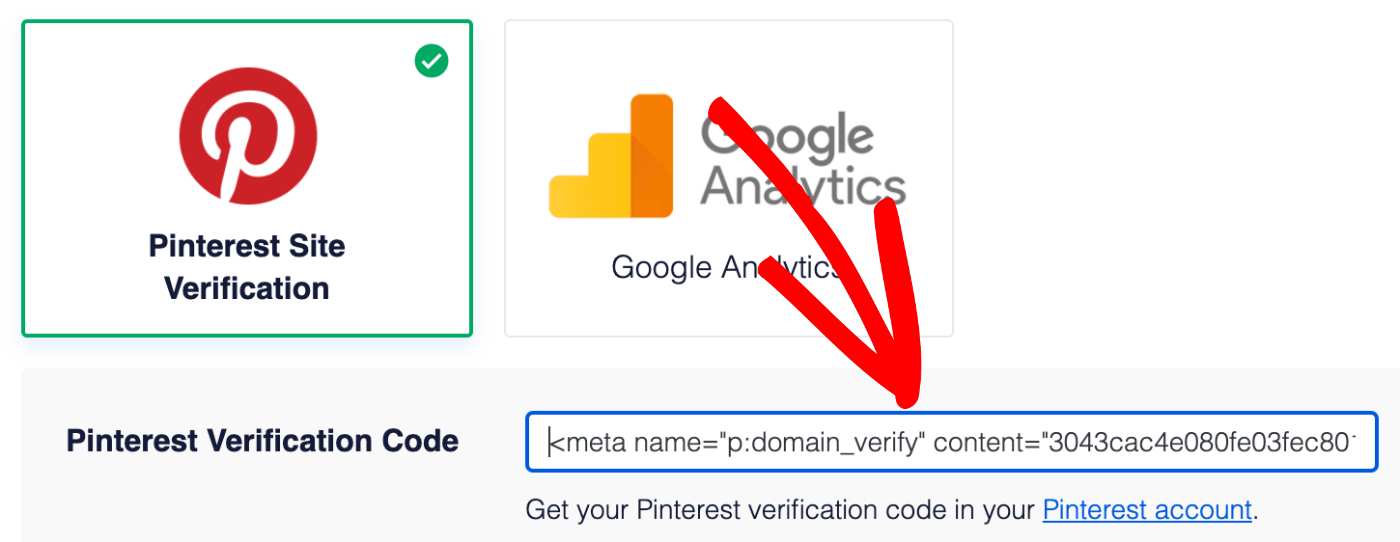 Paste your verification code in the Pinterest Verification Code field in All in One SEO