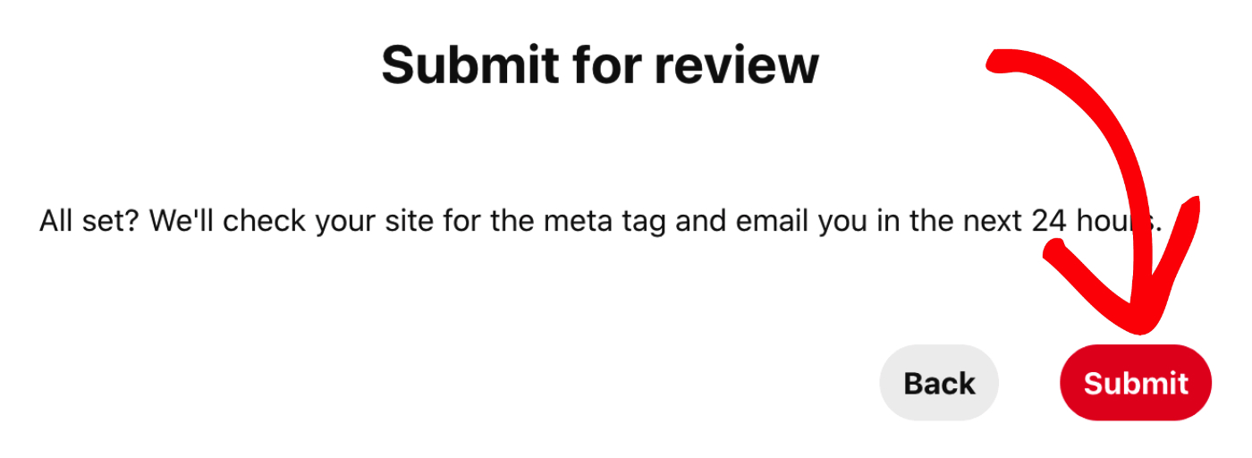 Submit for review screen on Pinterest