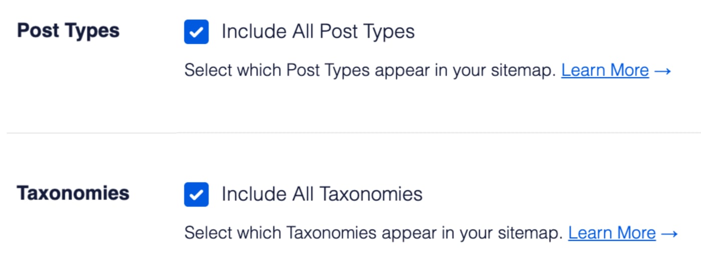 Default Post Types and Taxonomies settings for XML Sitemap