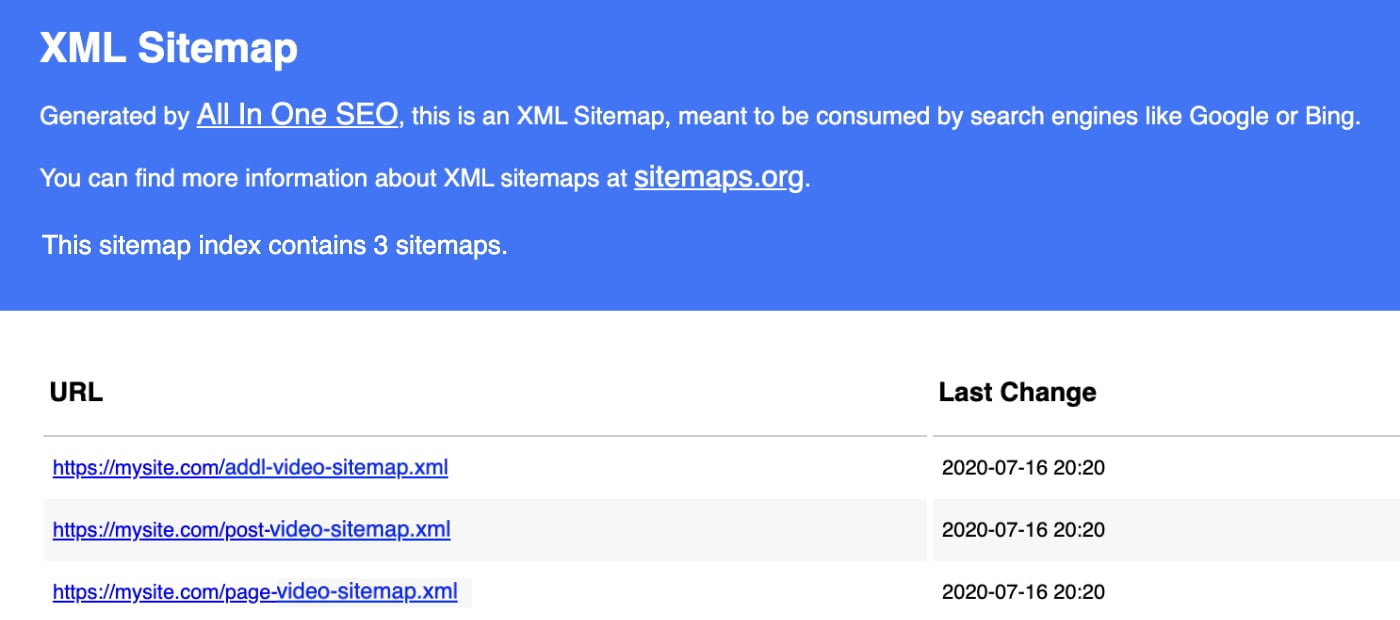 Example of a Video Sitemap generated by All in One SEO
