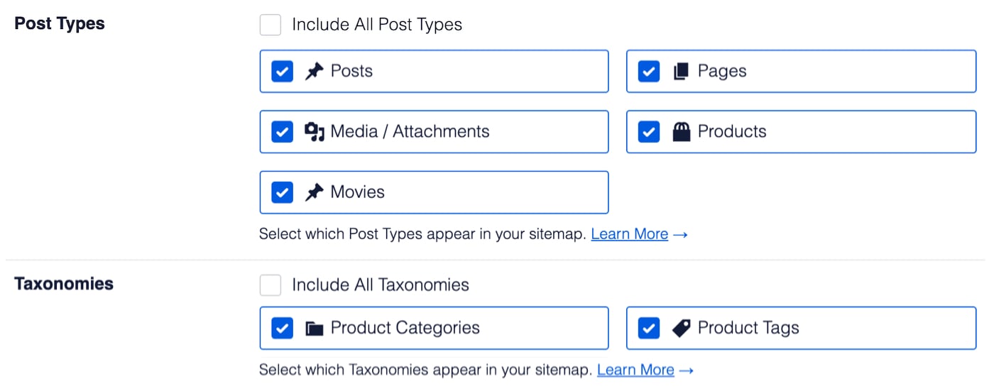 Post Types and Taxonomies options showing individual post types and taxonomies