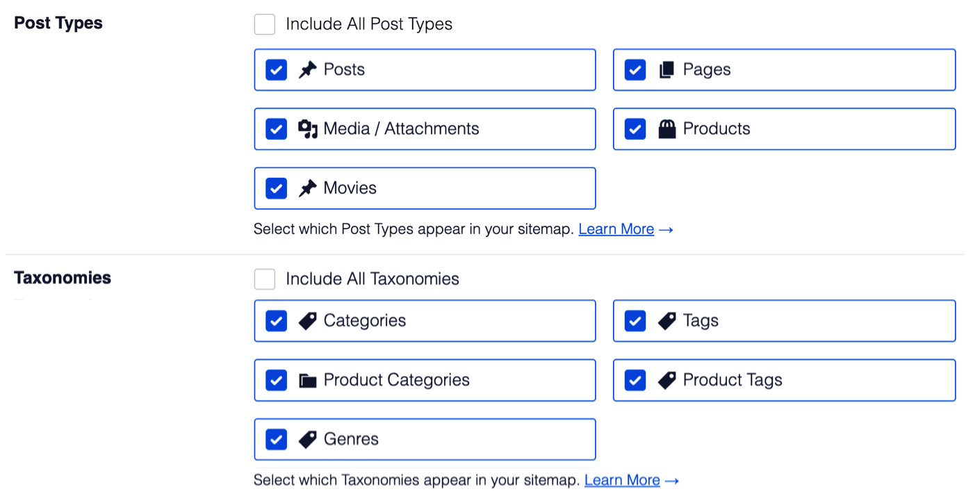Post Types and Taxonomies options showing individual post types and taxonomies