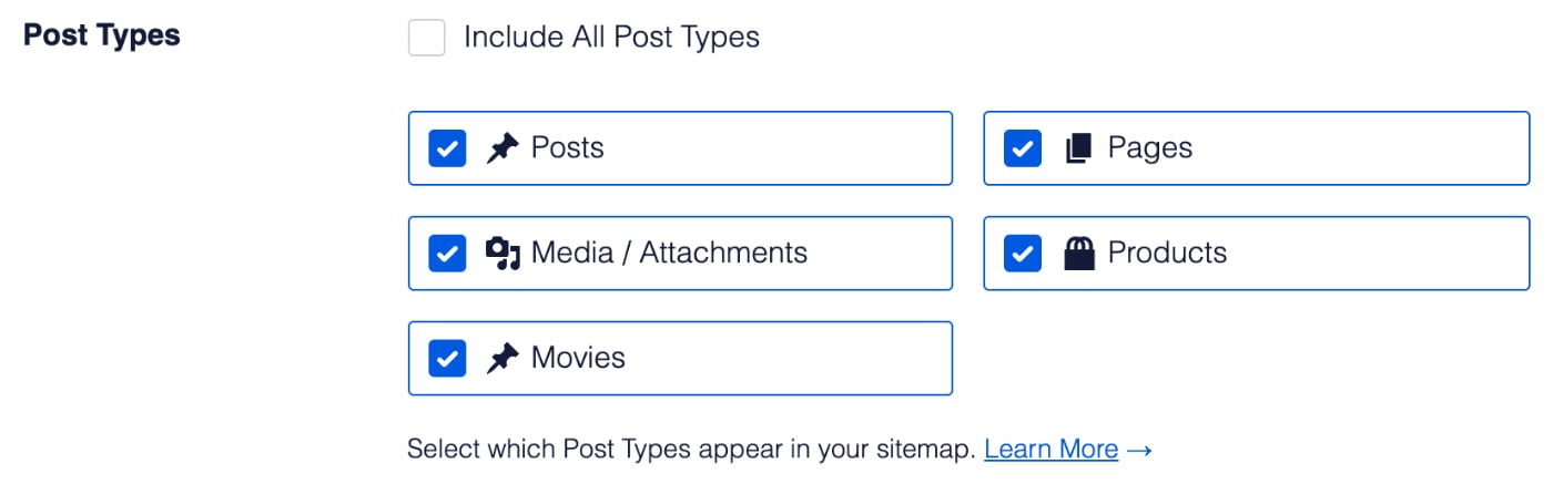 Post Types setting in the RSS Sitemap