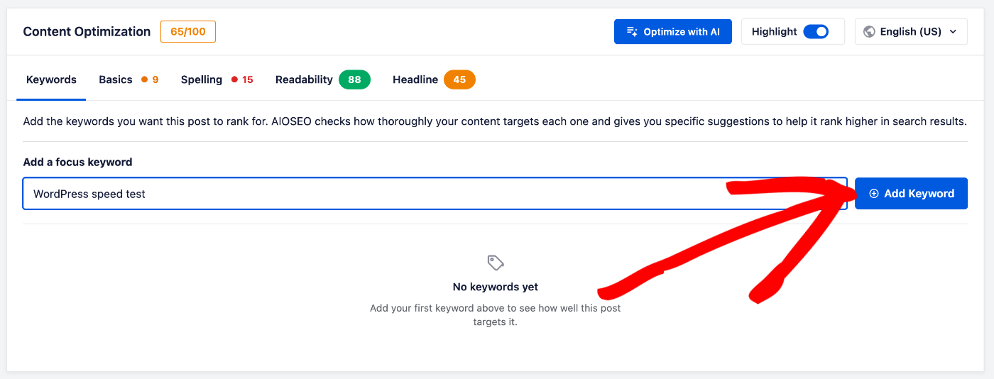 A keyword typed into the Add an additional keyword field with an arrow pointing to the Add Keyword button