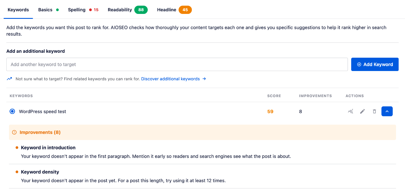 The keyword table showing two keywords, each with its own score out of 100 and a count of improvements
