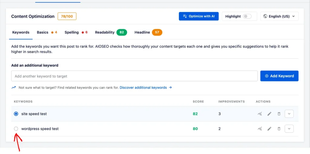 キーワードターゲットが表示されたコンテンツ最適化ダッシュボード。'サイトスピードテスト'が選択されています（スコア82）。