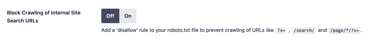 Block Crawling of Internal Site Search URLs setting in the All in One SEO Robots.txt Editor