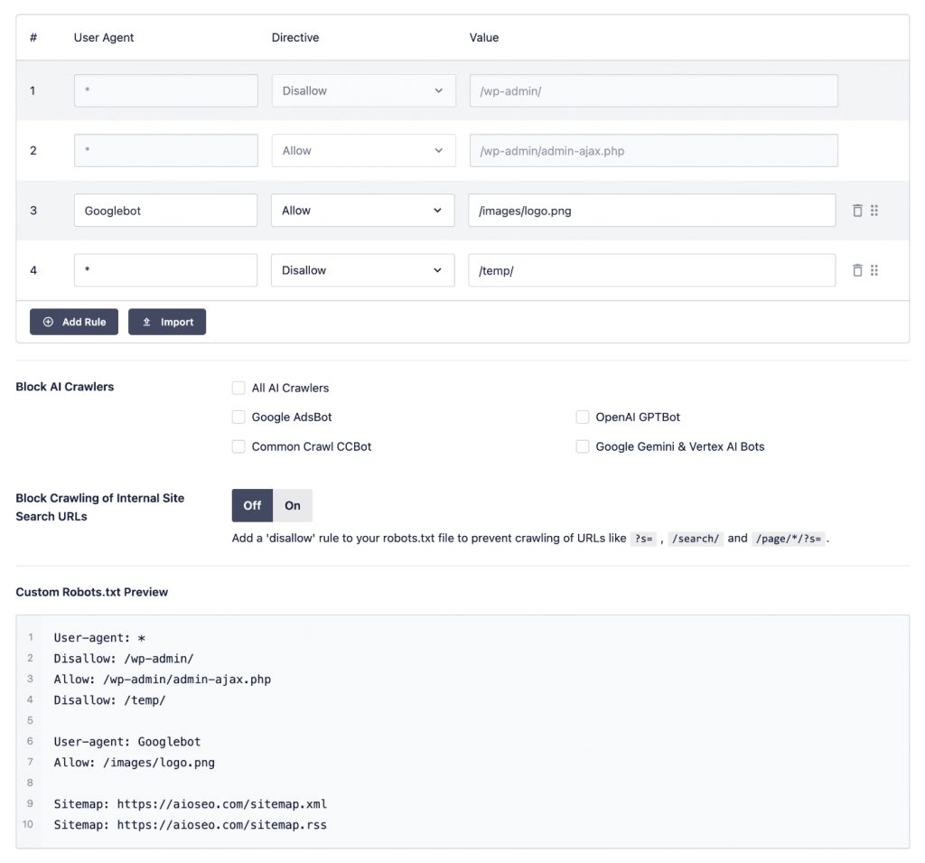 robots.txt editor settings in AIOSEO A snapshot showing the custom robots.txt editor settings in AIOSEO