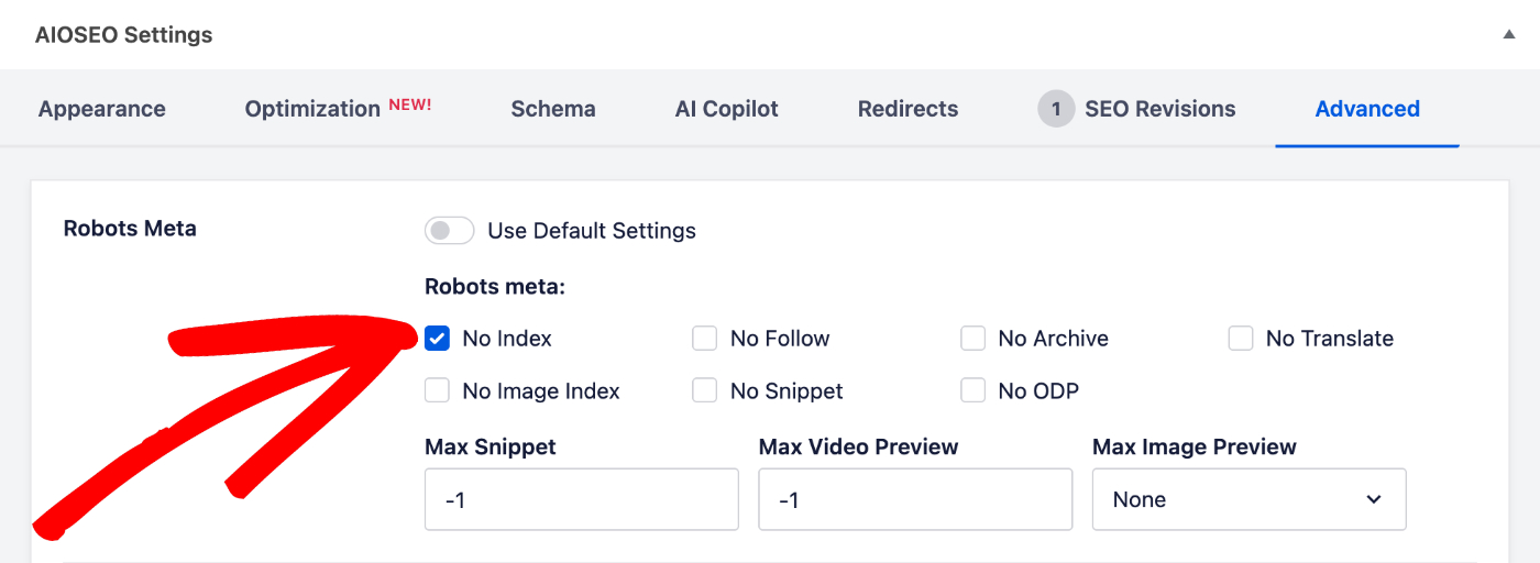 Configurações de Robôs na seção All in One SEO na tela Editar Postagem