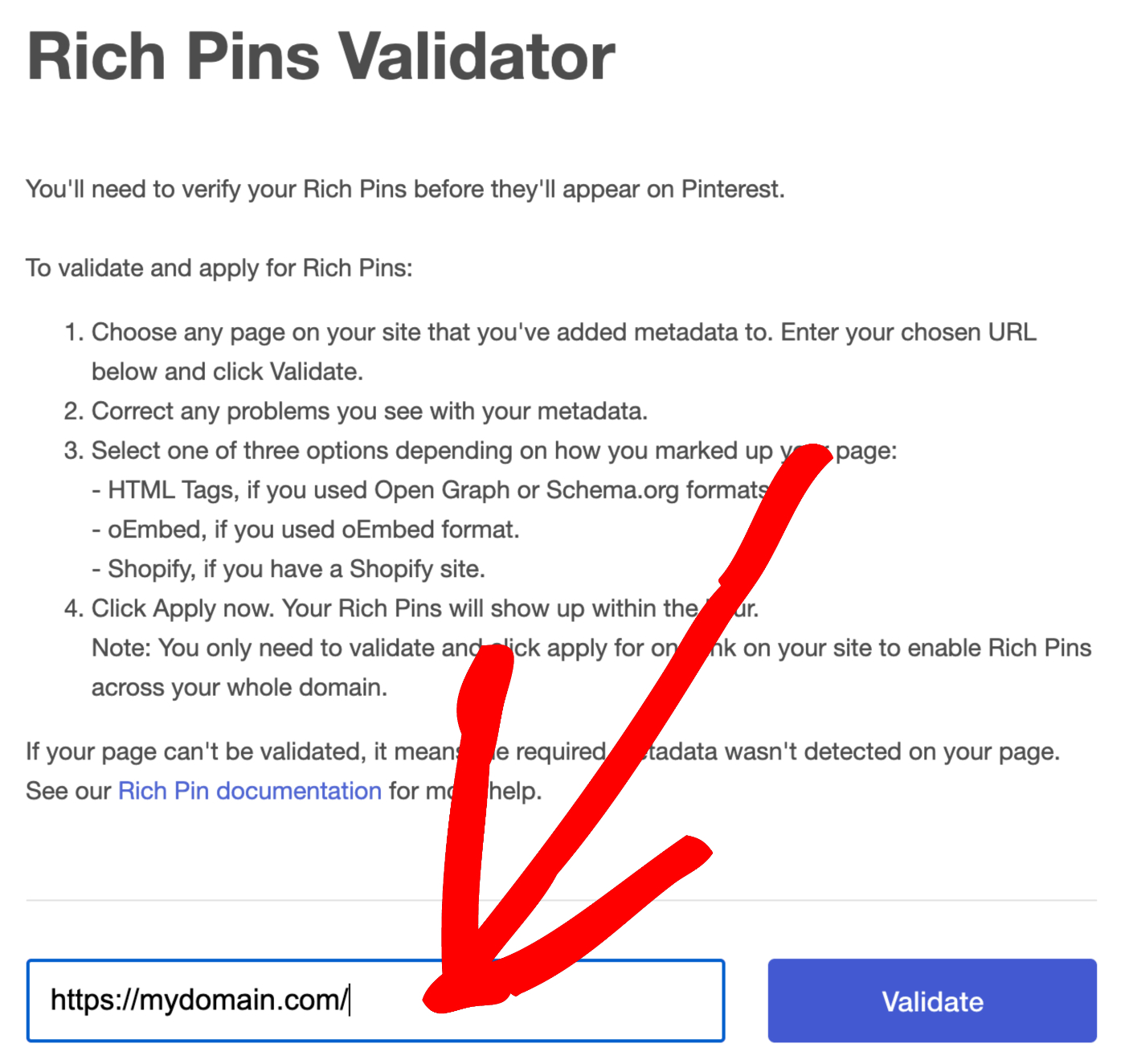 Enter the URL for your homepage in the Pinterest Rich Pins Validator