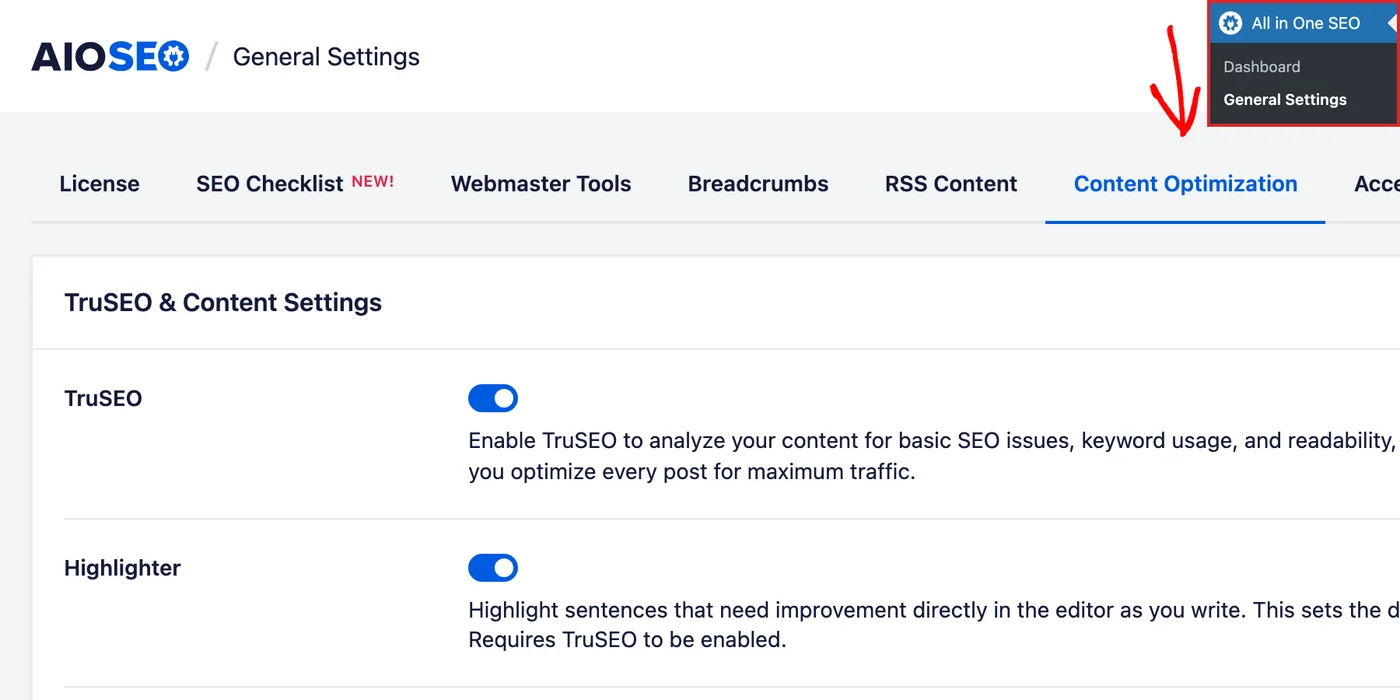 El menú Todo en Uno SEO en la barra lateral de administración de WordPress con Ajustes generales seleccionado, y la pestaña Optimización de contenido abierta detrás.
