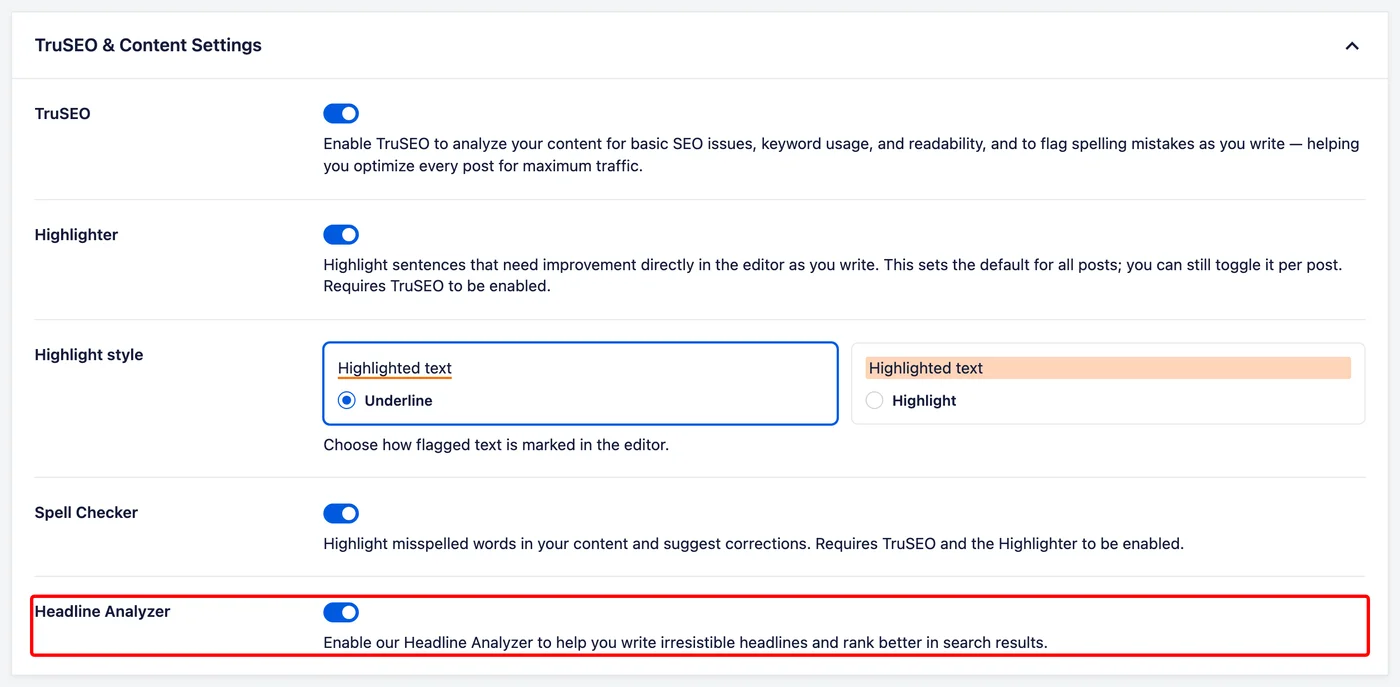 La configuración de TruSEO, Resaltador, Estilo de resaltado, Corrector ortográfico y Analizador de titulares en la pestaña Optimización de contenido