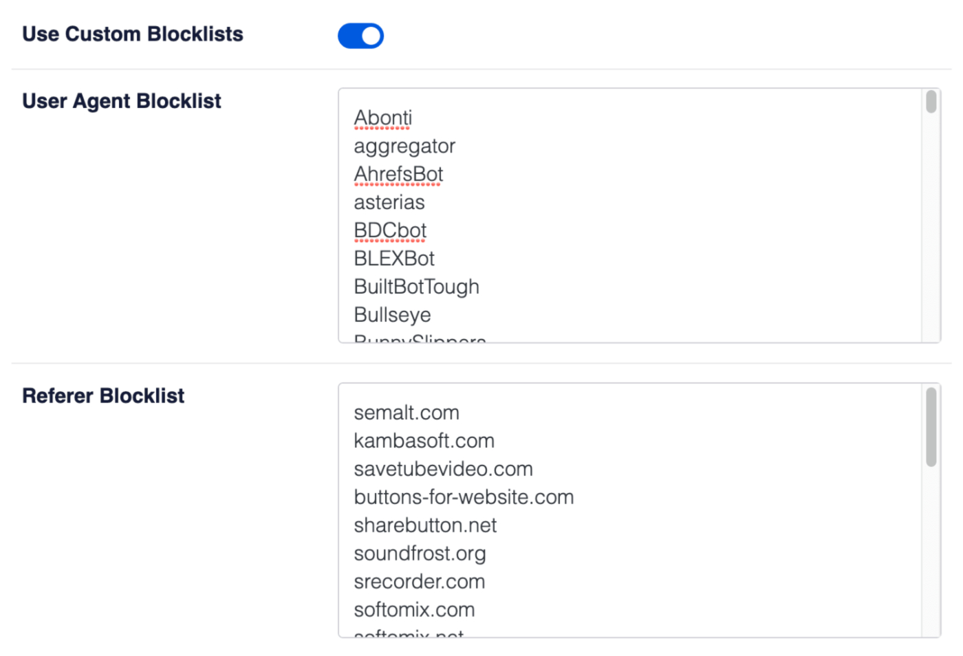 Use Custom Blocklist toggle displays the Blocklist fields