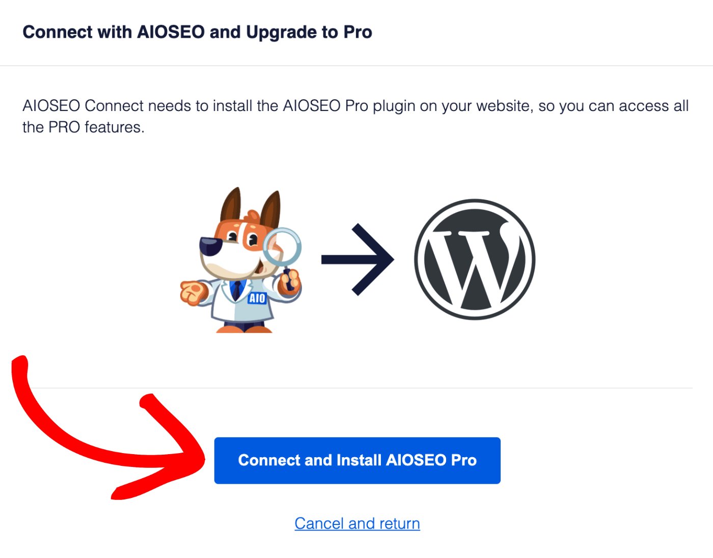 Connect with AIOSEO and Upgrade to Pro screen