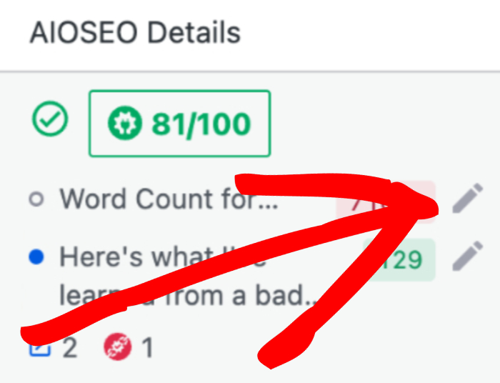 すべての投稿画面の AIOSEO の詳細列に表示される鉛筆アイコン