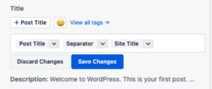 WordPress-Beitrag-Editor, der den Titelbereich mit Beitragstitel, Link zur Tag-Ansicht und Schaltfläche "Änderungen speichern" über der Beschreibungseingabeaufforderung anzeigt.