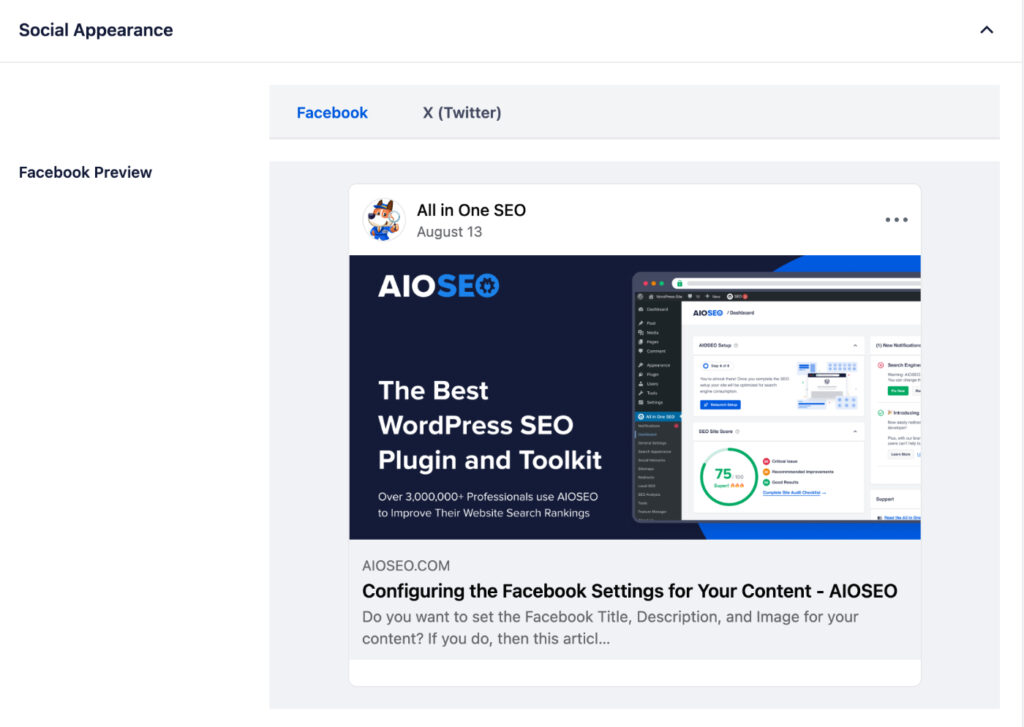 Facebook preview card for 'All in One SEO' showing a large hero image with the text 'The Best WordPress SEO Plugin and Toolkit' and a screenshot of the AIOSEO dashboard.