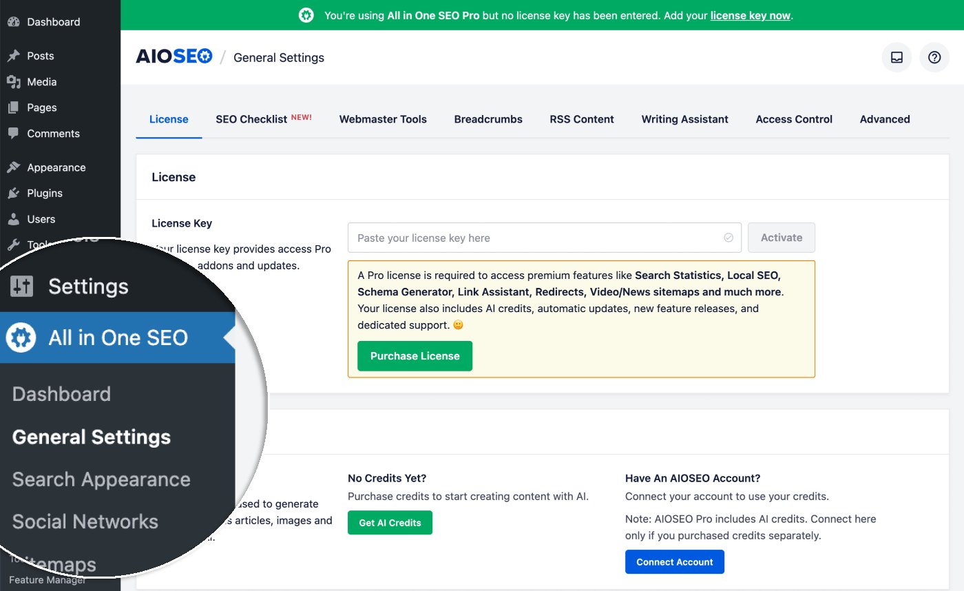 General Settings menu item in the All in One SEO menu General Settings menu item in the All in One SEO menu
