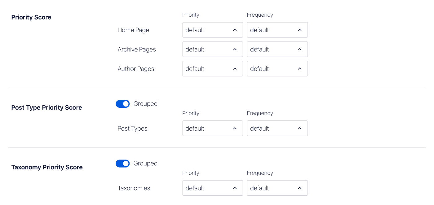 Priority Score settings in the Advanced section of General Sitemap setting