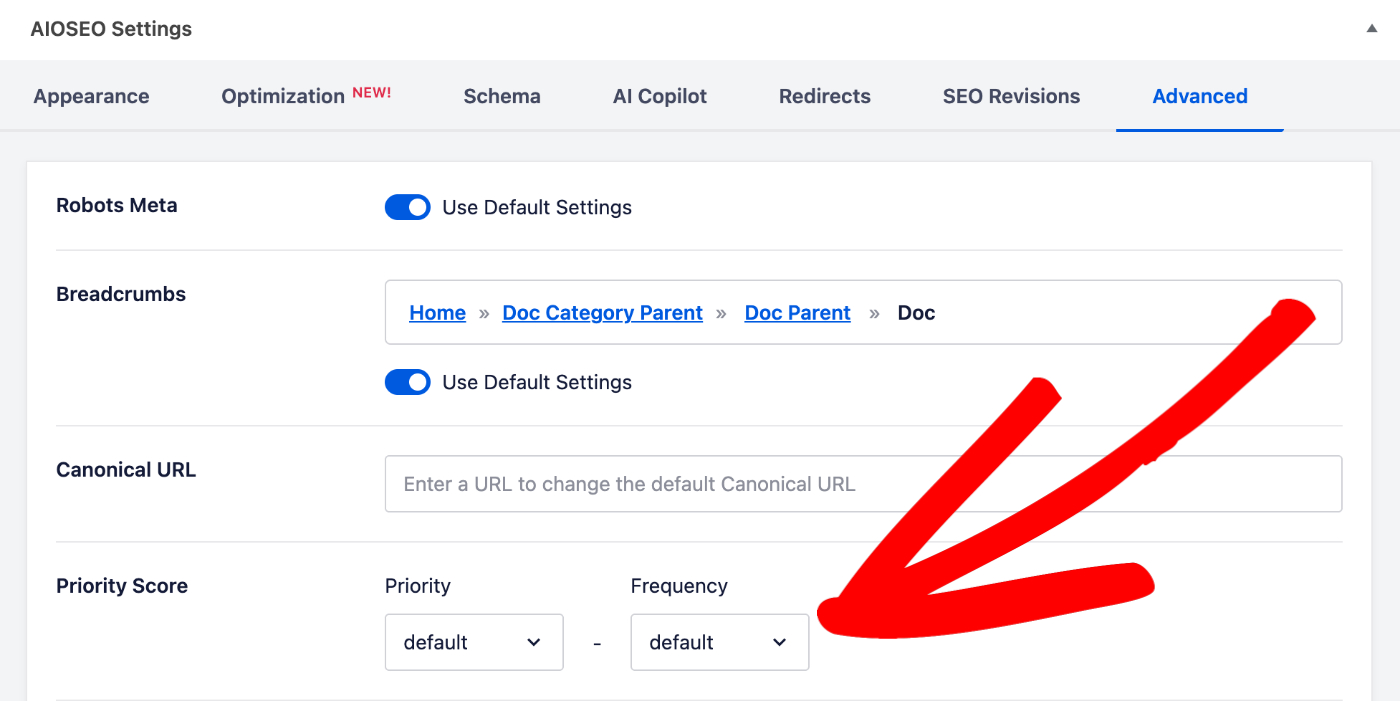 Listes déroulantes de priorité et de fréquence du sitemap sur l'écran de modification de l'article