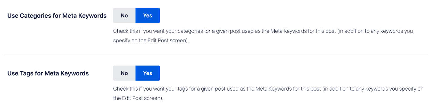 Use Categories for Meta Keywords and Use Tags for Meta Keywords settings