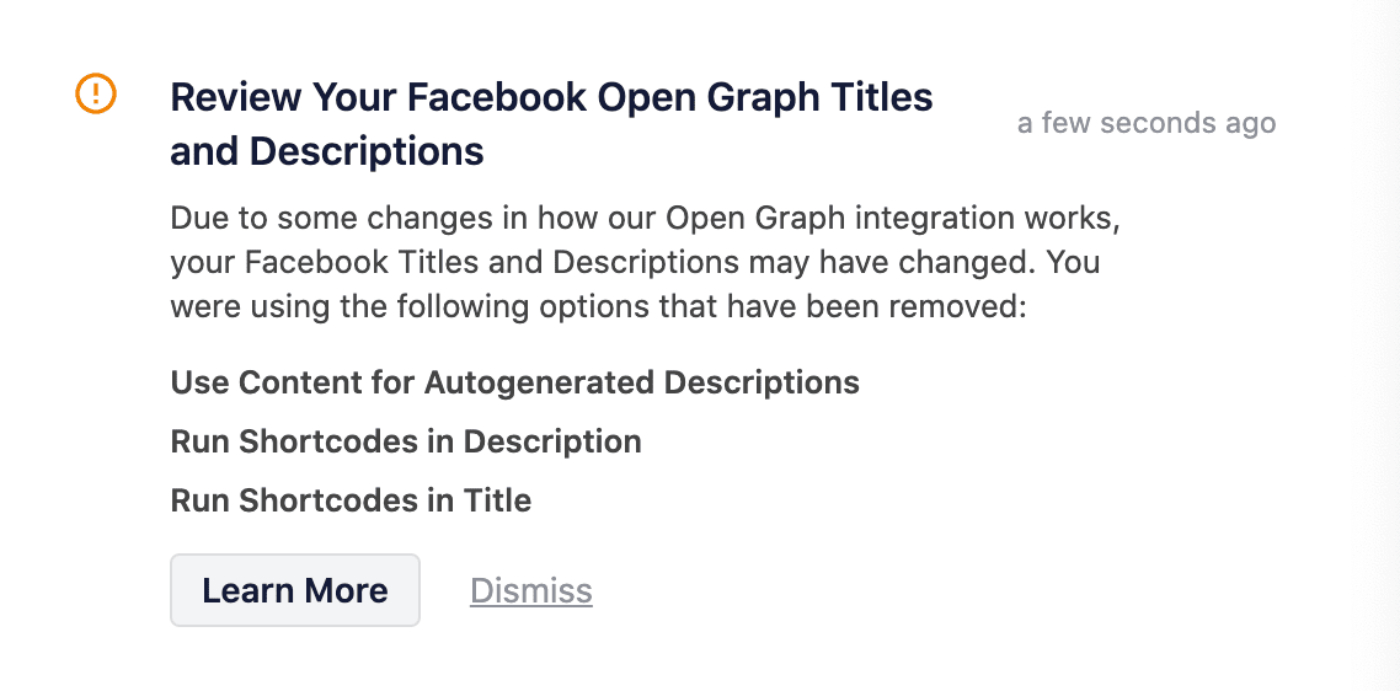 Notice stating review your Facebook Open Graph titles and descriptions
