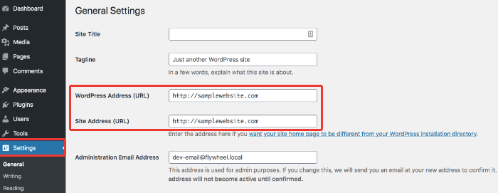 wordpress URL settings