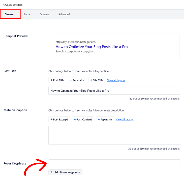 Blog post SEO checklist - setting the focus keyphrase in the AIOSEO Settings