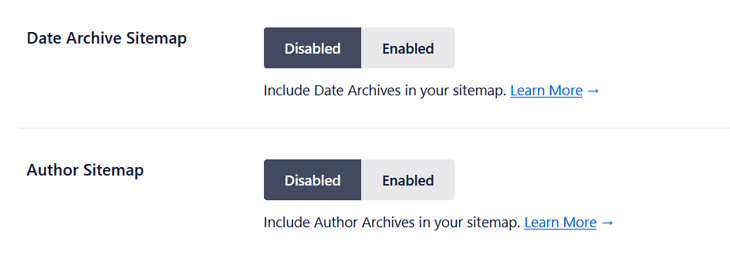 XML sitemap settings in AIOSEO - date archives and author archives