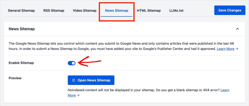 Google News Sitemap toggle in the AIOSEO WordPress sitemap settings.
