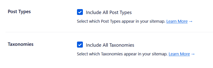 Sitemap post types and taxonomies settings - include all post types and taxonomies