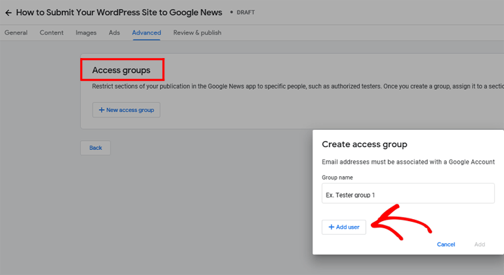 Google Publisher Center add access groups