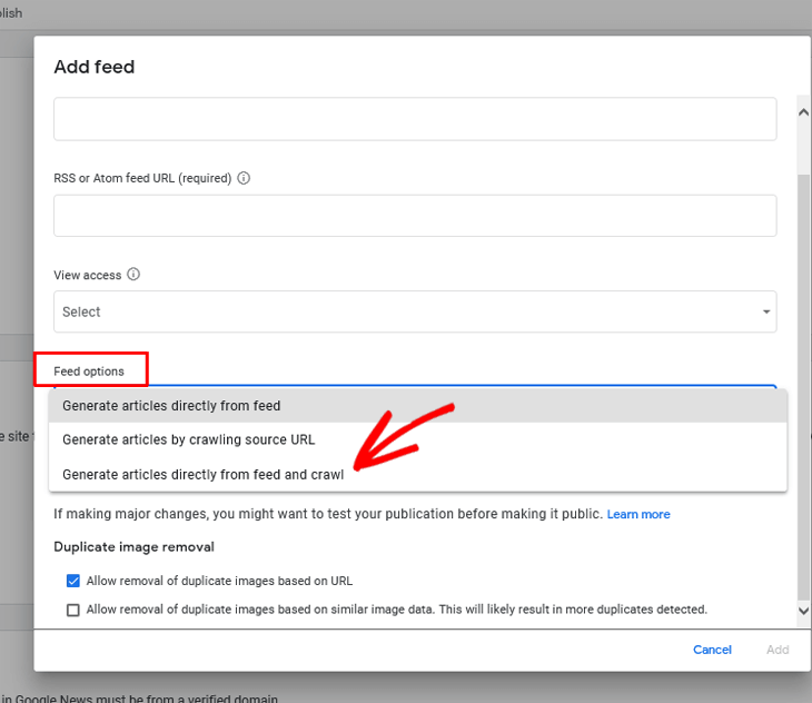 Google Publisher Center add feed options