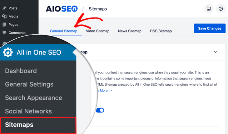 Sitemaps menu item in All in One SEO