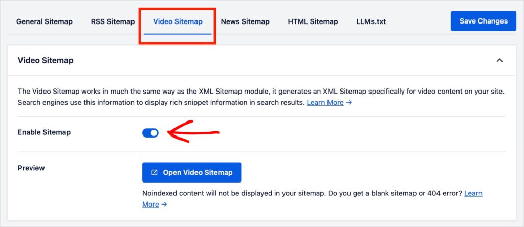 Video sitemap settings in WordPress.