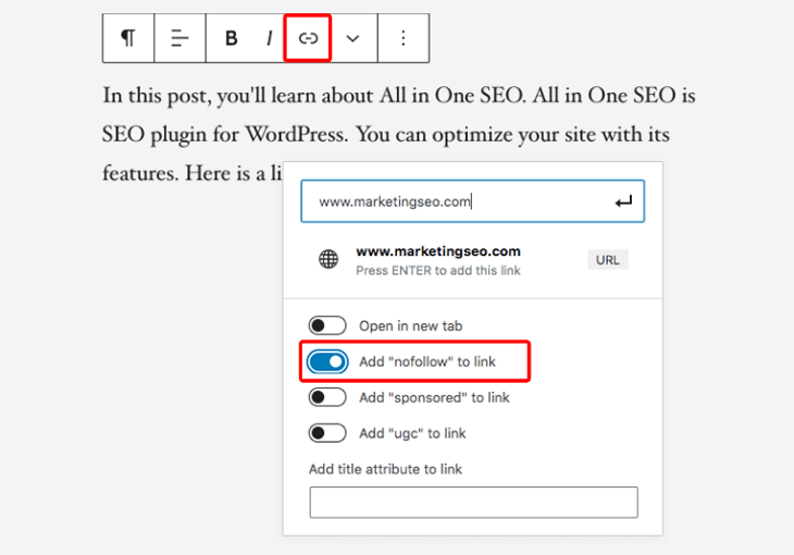 Add nofollow links in WordPress - add "nofollow" to link
