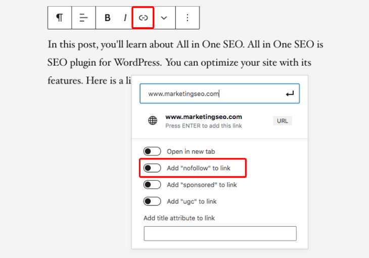 Add nofollow links in WordPress - add "nofollow" to link